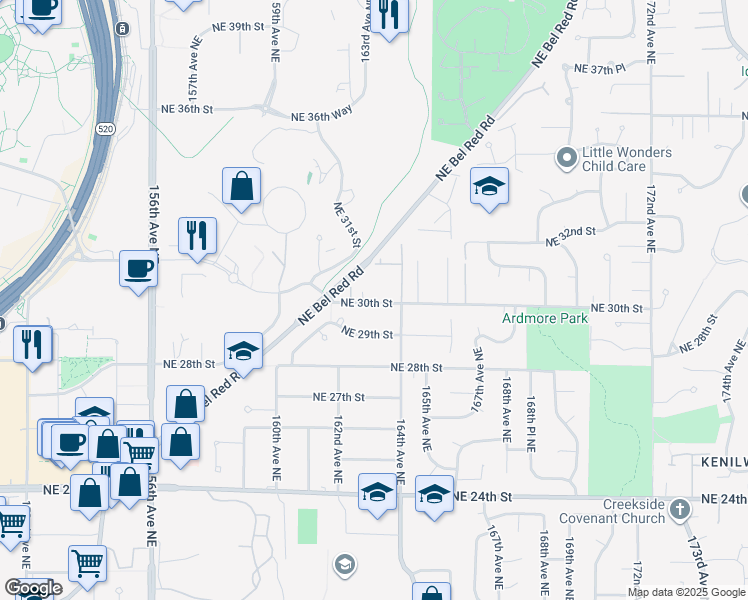 map of restaurants, bars, coffee shops, grocery stores, and more near 16242 Northeast 30th Street in Bellevue