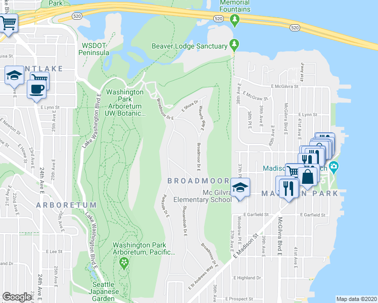 map of restaurants, bars, coffee shops, grocery stores, and more near 1940 Shenandoah Drive East in Seattle