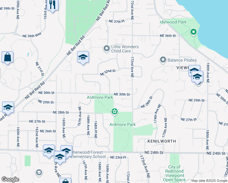 map of restaurants, bars, coffee shops, grocery stores, and more near 16904 Northeast 30th Street in Bellevue
