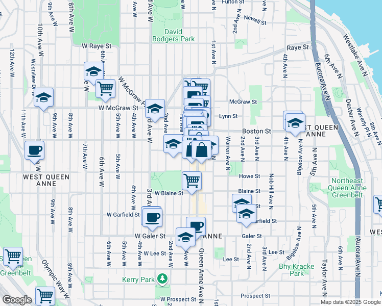 map of restaurants, bars, coffee shops, grocery stores, and more near 11 West Crockett Street in Seattle