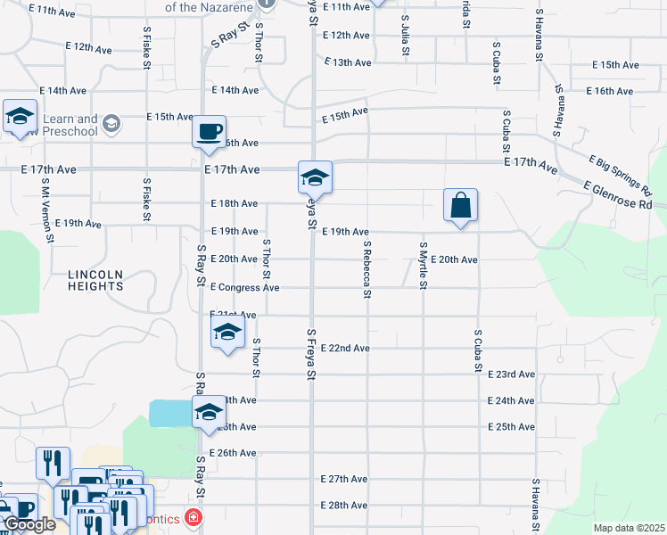 map of restaurants, bars, coffee shops, grocery stores, and more near 3608 East 20th Avenue in Spokane