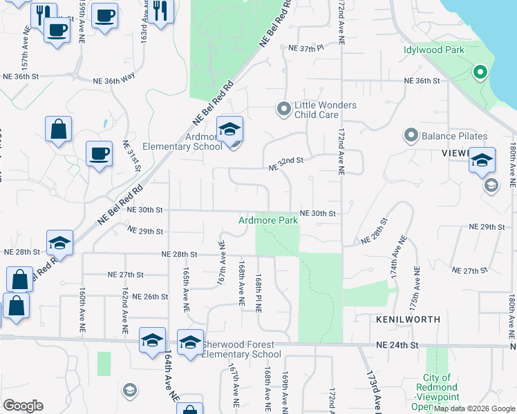 map of restaurants, bars, coffee shops, grocery stores, and more near 16808 Northeast 30th Street in Bellevue
