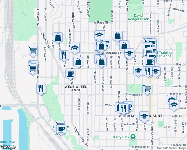 map of restaurants, bars, coffee shops, grocery stores, and more near 1937 7th Avenue West in Seattle