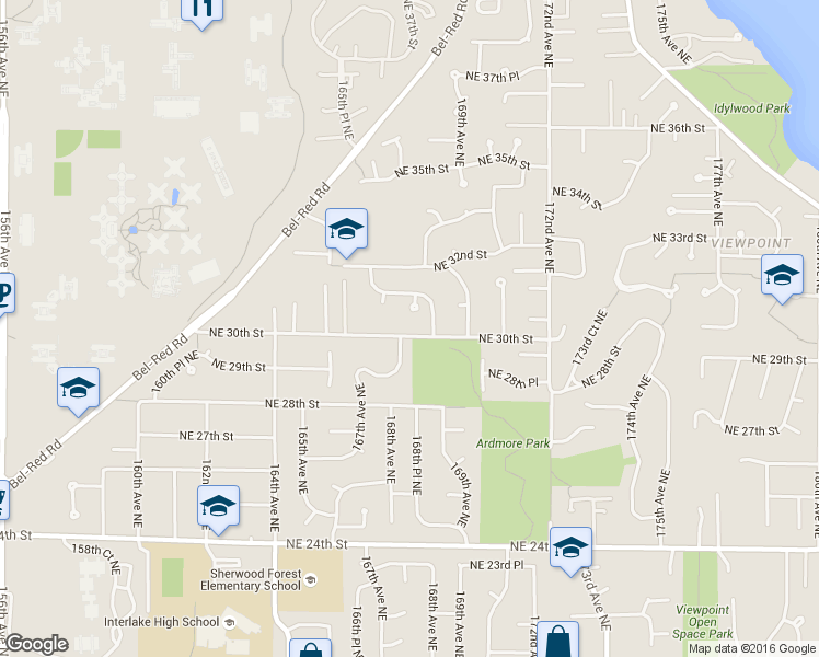 map of restaurants, bars, coffee shops, grocery stores, and more near 16808 Northeast 30th Street in Bellevue
