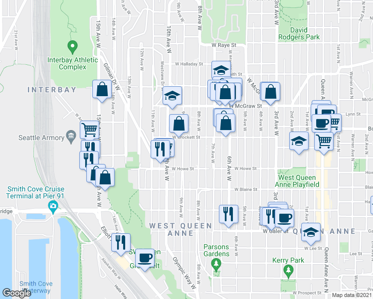 map of restaurants, bars, coffee shops, grocery stores, and more near 1936 9th Avenue West in Seattle