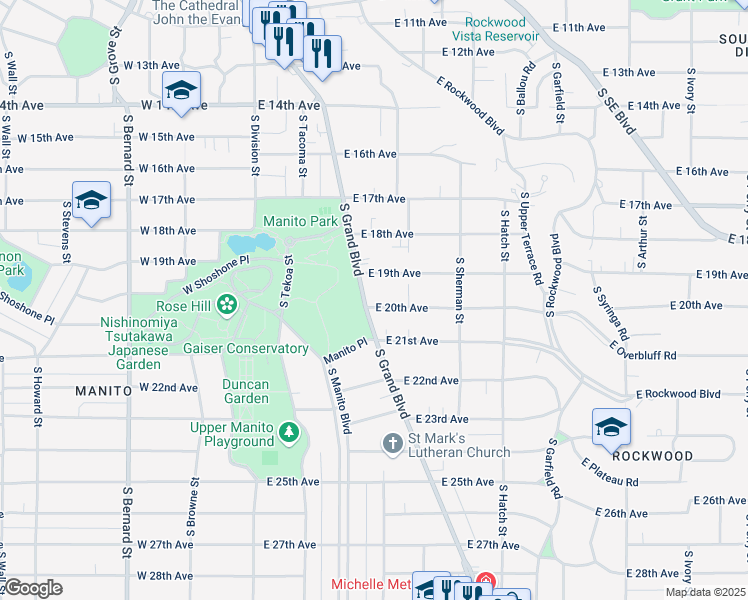 map of restaurants, bars, coffee shops, grocery stores, and more near 1923 South Grand Boulevard in Spokane