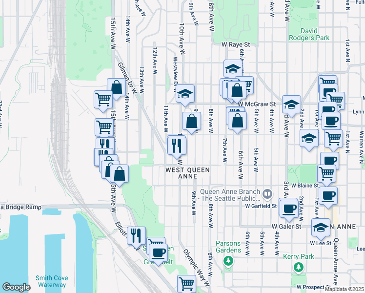 map of restaurants, bars, coffee shops, grocery stores, and more near 1934 10th Avenue West in Seattle