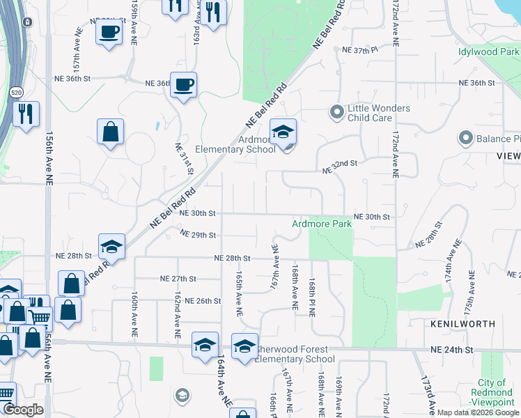 map of restaurants, bars, coffee shops, grocery stores, and more near 3004 165th Place Northeast in Bellevue