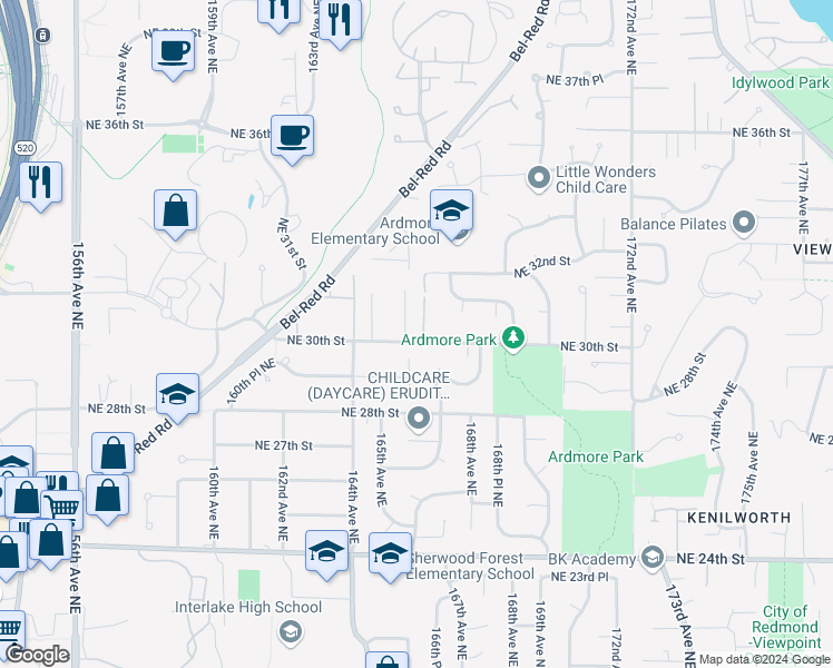 map of restaurants, bars, coffee shops, grocery stores, and more near 3004 165th Place Northeast in Bellevue