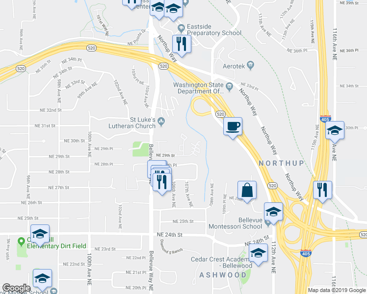 map of restaurants, bars, coffee shops, grocery stores, and more near 10710 Northeast 29th Street in Bellevue