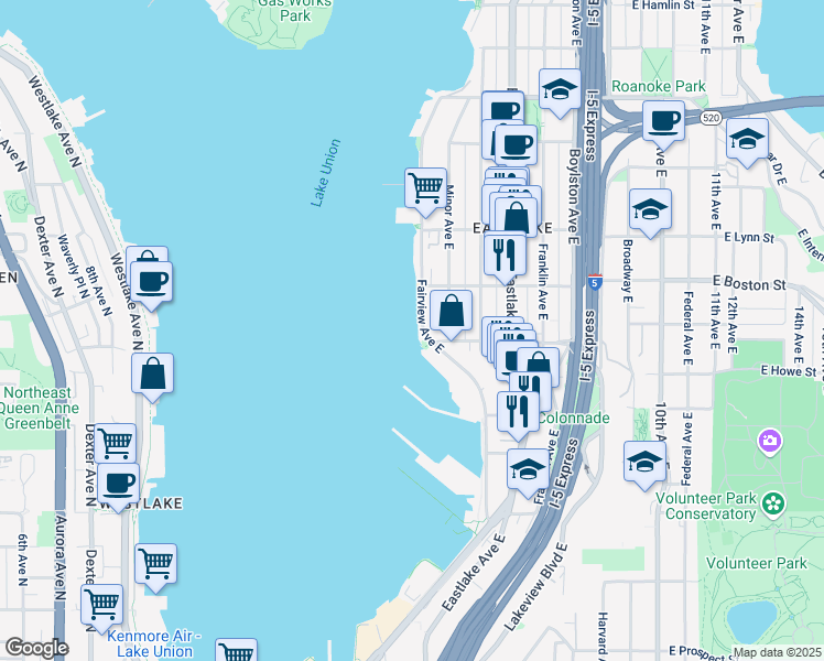 map of restaurants, bars, coffee shops, grocery stores, and more near 2001 Fairview Avenue East in Seattle