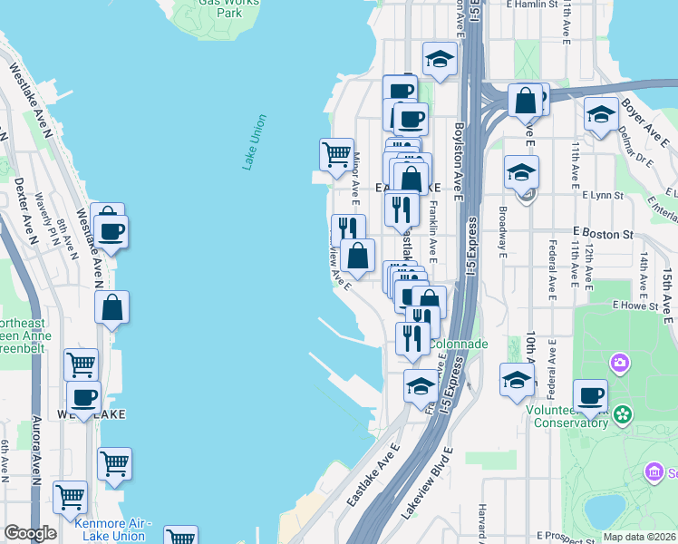 map of restaurants, bars, coffee shops, grocery stores, and more near 2001 Fairview Avenue East in Seattle