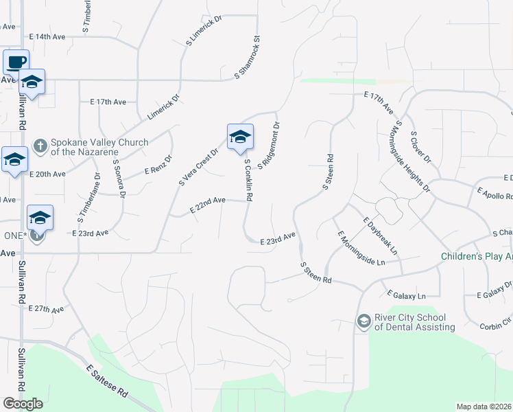 map of restaurants, bars, coffee shops, grocery stores, and more near 2208 South Ridgemont Lane in Spokane Valley