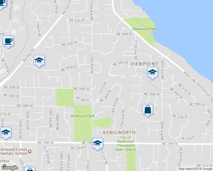 map of restaurants, bars, coffee shops, grocery stores, and more near 3028 173rd Court Northeast in Redmond