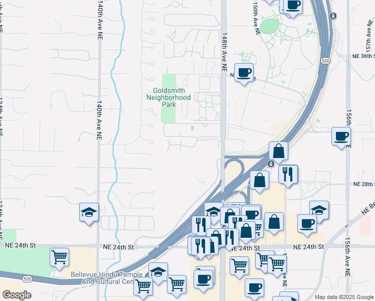 map of restaurants, bars, coffee shops, grocery stores, and more near 14525 Northeast 30th Place in Bellevue