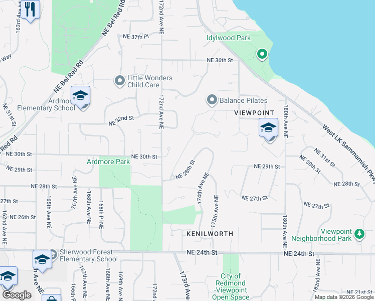 map of restaurants, bars, coffee shops, grocery stores, and more near 3020 173rd Court Northeast in Redmond
