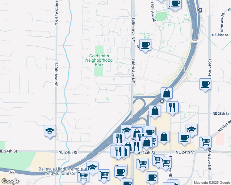 map of restaurants, bars, coffee shops, grocery stores, and more near 14641 Northeast 31st Street in Bellevue