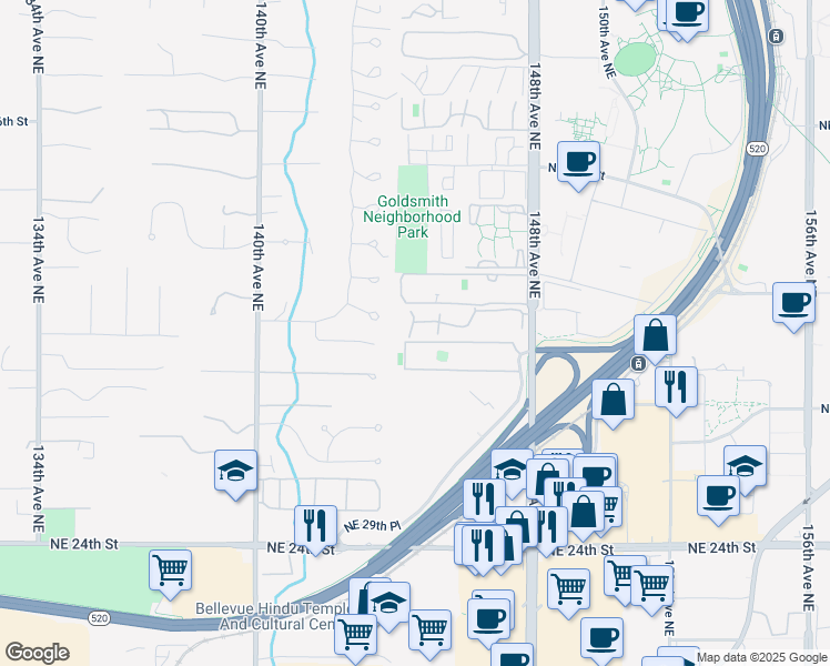 map of restaurants, bars, coffee shops, grocery stores, and more near 14408 Northeast 30th Place in Bellevue