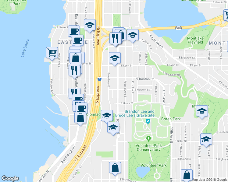 map of restaurants, bars, coffee shops, grocery stores, and more near 1935 10th Avenue East in Seattle