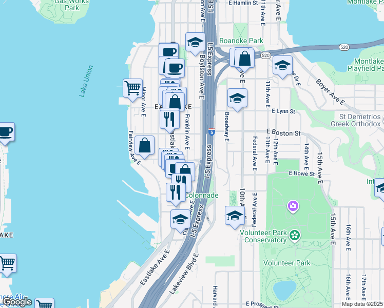 map of restaurants, bars, coffee shops, grocery stores, and more near 2009 Franklin Avenue East in Seattle