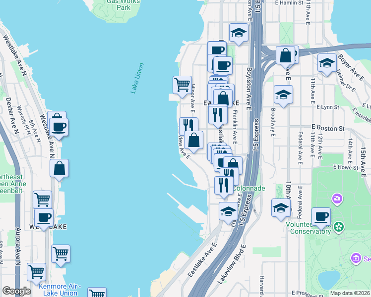 map of restaurants, bars, coffee shops, grocery stores, and more near 2001 Fairview Avenue East in Seattle