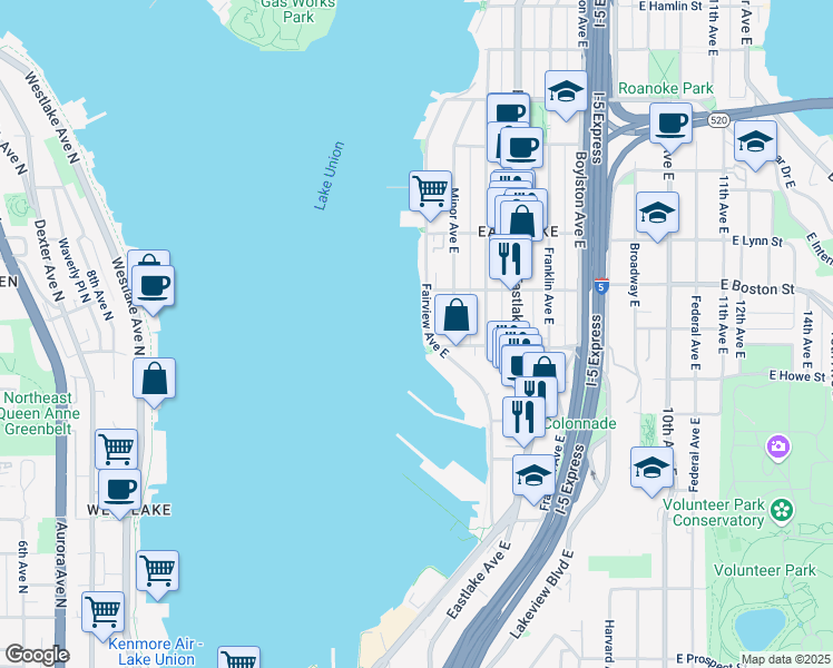 map of restaurants, bars, coffee shops, grocery stores, and more near 2001 Fairview Avenue East in Seattle