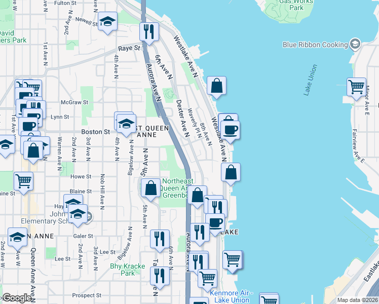 map of restaurants, bars, coffee shops, grocery stores, and more near 2007a Dexter Avenue North in Seattle