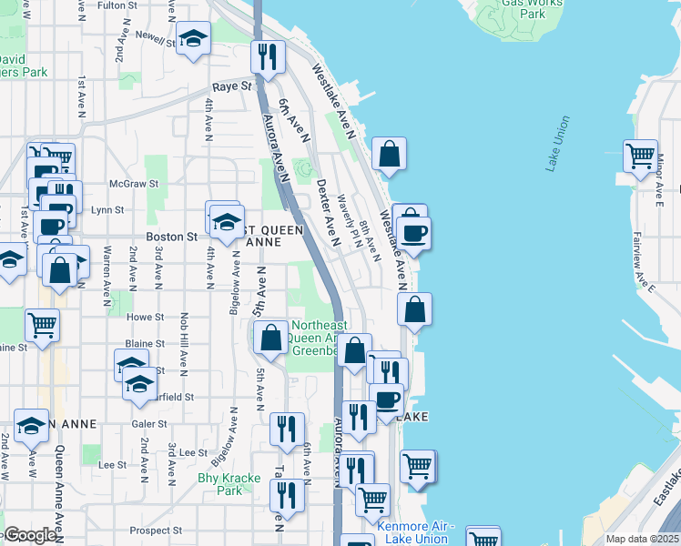 map of restaurants, bars, coffee shops, grocery stores, and more near 2007a Dexter Avenue North in Seattle