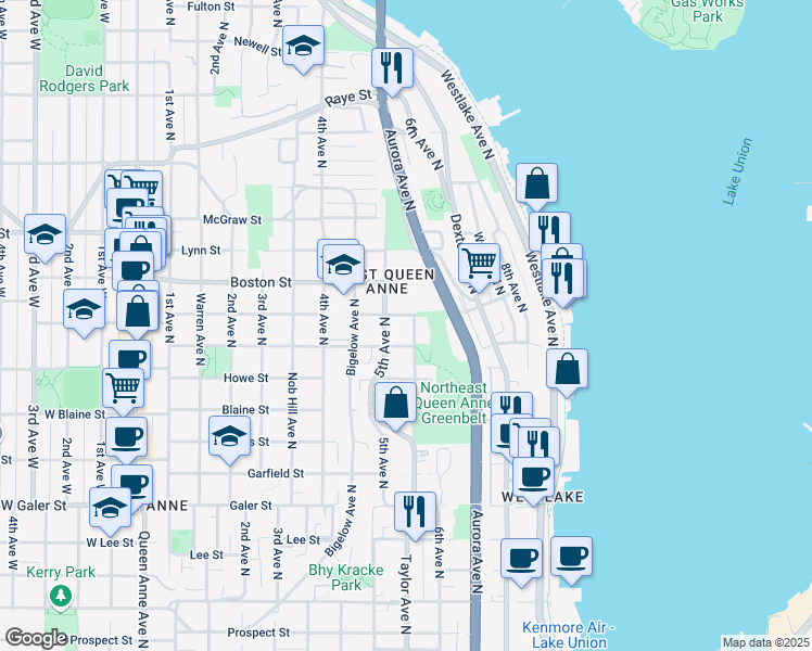 map of restaurants, bars, coffee shops, grocery stores, and more near 517 Crockett Street in Seattle
