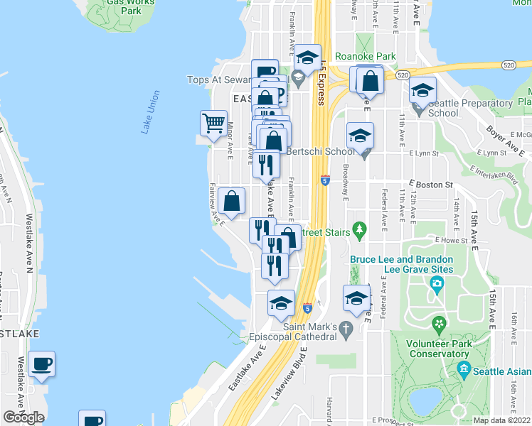 map of restaurants, bars, coffee shops, grocery stores, and more near 2007 Eastlake Avenue East in Seattle