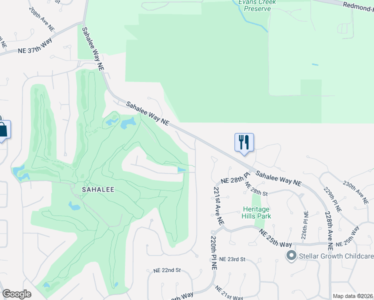 map of restaurants, bars, coffee shops, grocery stores, and more near 21845 Northeast 30th Place in Sammamish