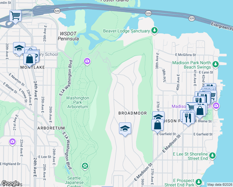 map of restaurants, bars, coffee shops, grocery stores, and more near 2020 Parkside Drive East in Seattle