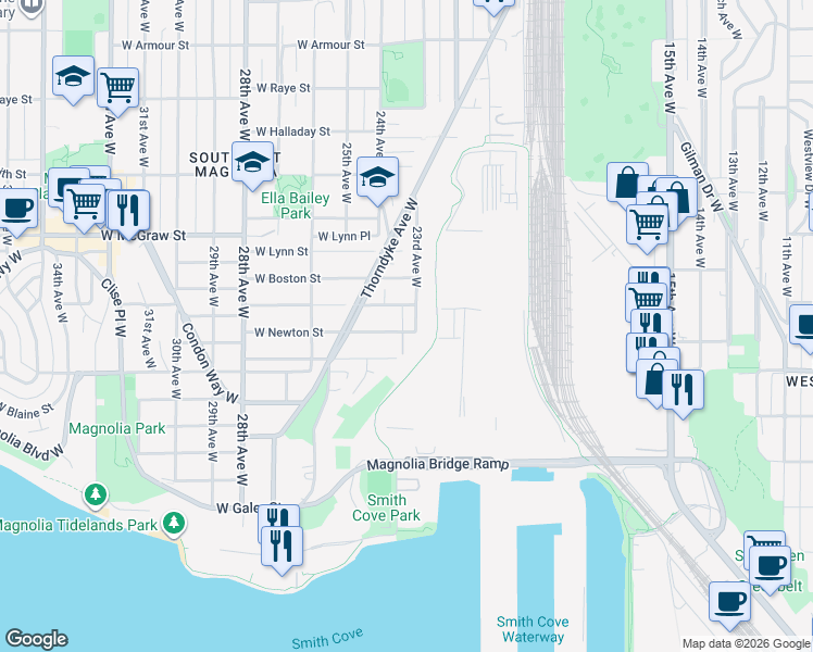 map of restaurants, bars, coffee shops, grocery stores, and more near 2303 West Newton Street in Seattle