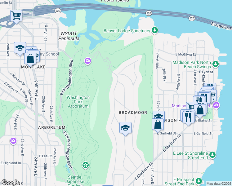 map of restaurants, bars, coffee shops, grocery stores, and more near 2020 Parkside Drive East in Seattle