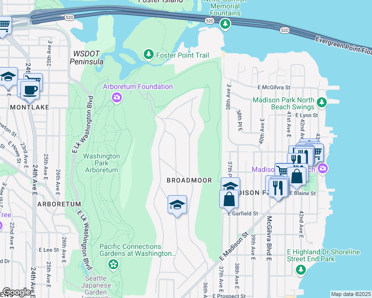 map of restaurants, bars, coffee shops, grocery stores, and more near 2001 Broadmoor Drive East in Seattle
