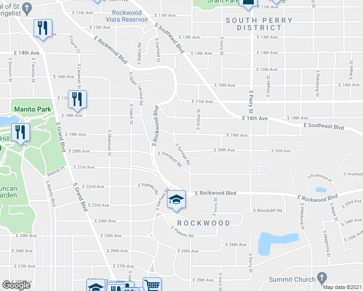 map of restaurants, bars, coffee shops, grocery stores, and more near 1925 South Syringa Road in Spokane