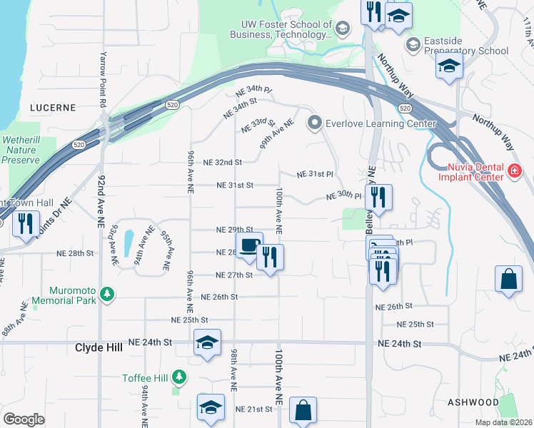 map of restaurants, bars, coffee shops, grocery stores, and more near 9842 Northeast 29th Street in Bellevue