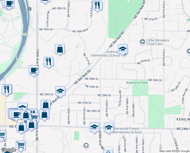 map of restaurants, bars, coffee shops, grocery stores, and more near 16242 Northeast 30th Street in Bellevue