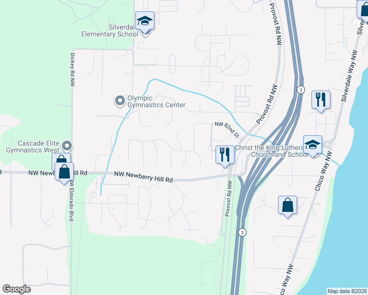 map of restaurants, bars, coffee shops, grocery stores, and more near 8100 Lorie Court Northwest in Silverdale