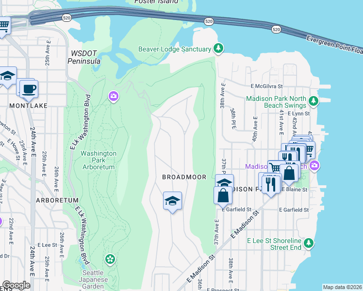 map of restaurants, bars, coffee shops, grocery stores, and more near 2001 Broadmoor Drive East in Seattle