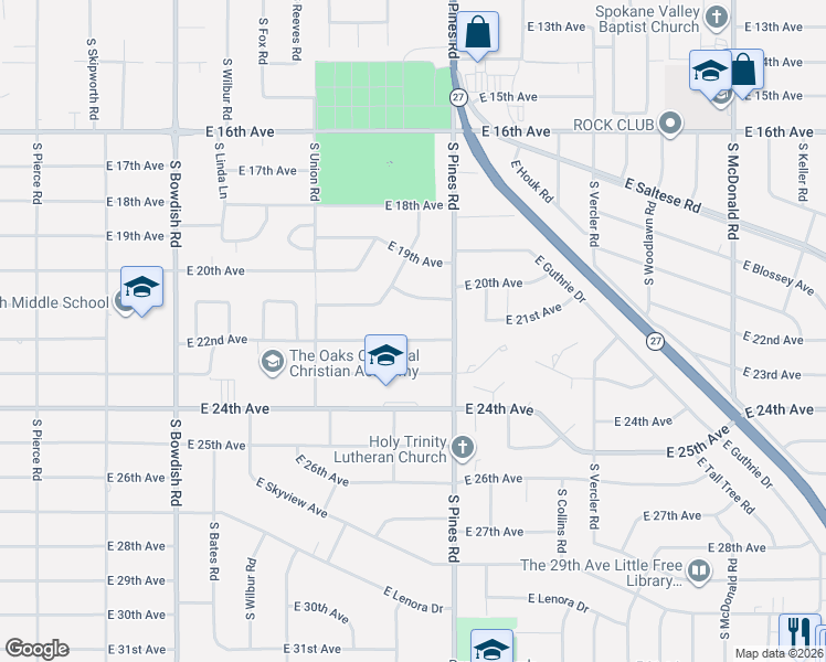 map of restaurants, bars, coffee shops, grocery stores, and more near 12118 East 22nd Avenue in Spokane Valley