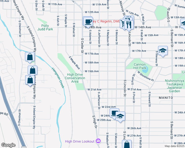 map of restaurants, bars, coffee shops, grocery stores, and more near 1222 West 20th Avenue in Spokane