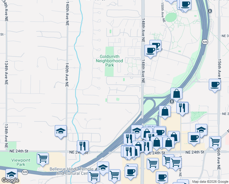 map of restaurants, bars, coffee shops, grocery stores, and more near 14525 Northeast 30th Place in Bellevue