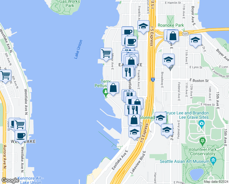 map of restaurants, bars, coffee shops, grocery stores, and more near 2000 Minor Avenue East in Seattle
