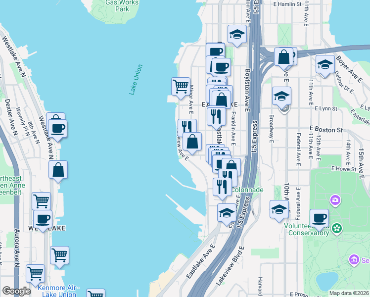 map of restaurants, bars, coffee shops, grocery stores, and more near 2001 Fairview Avenue East in Seattle