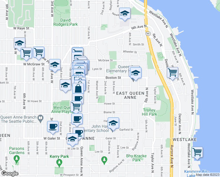 map of restaurants, bars, coffee shops, grocery stores, and more near 2012 3rd Avenue North in Seattle
