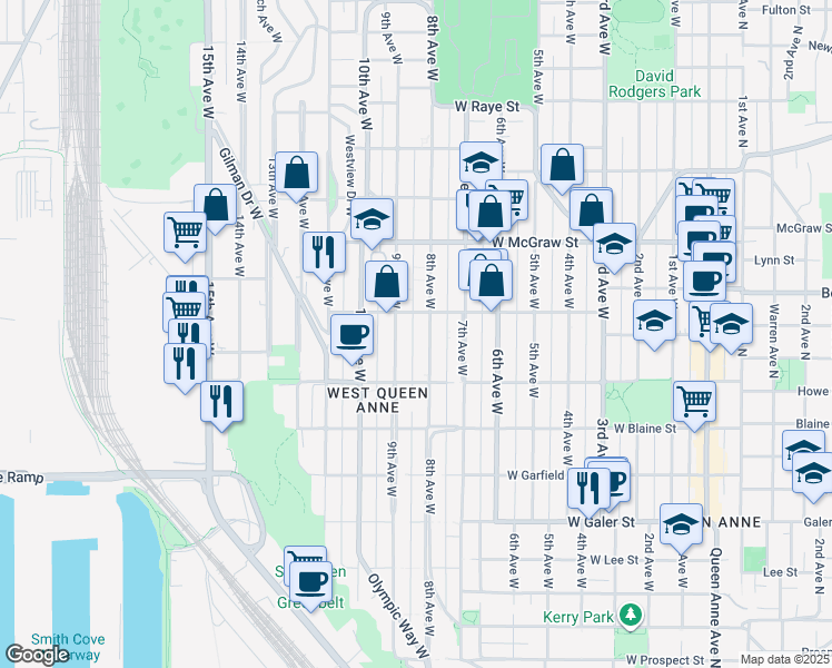 map of restaurants, bars, coffee shops, grocery stores, and more near 1936 9th Avenue West in Seattle