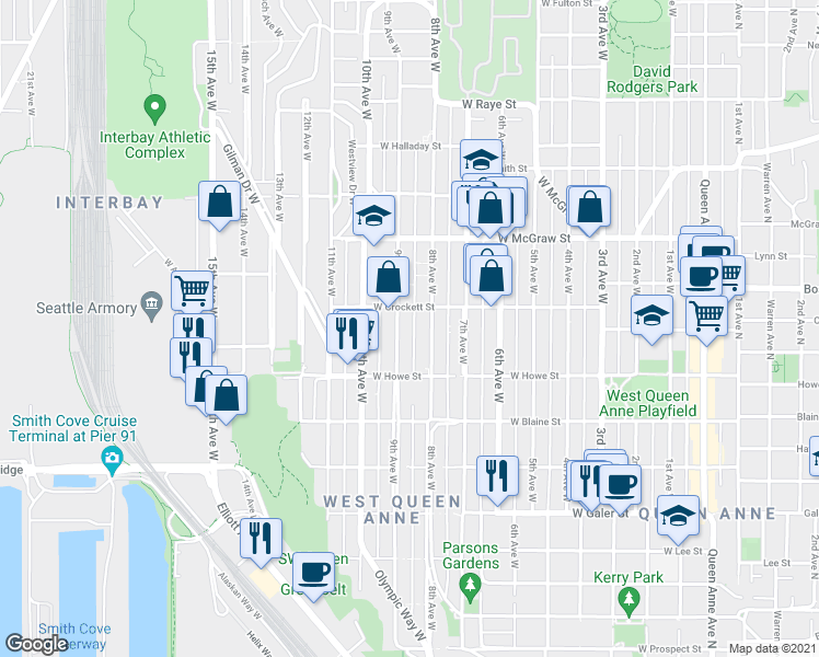 map of restaurants, bars, coffee shops, grocery stores, and more near 1936 9th Avenue West in Seattle