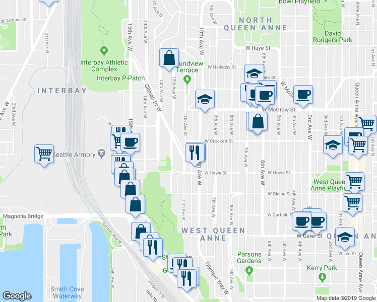 map of restaurants, bars, coffee shops, grocery stores, and more near 1930 11th Avenue West in Seattle