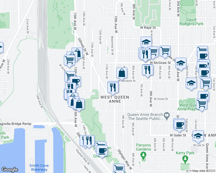 map of restaurants, bars, coffee shops, grocery stores, and more near 1930 11th Avenue West in Seattle